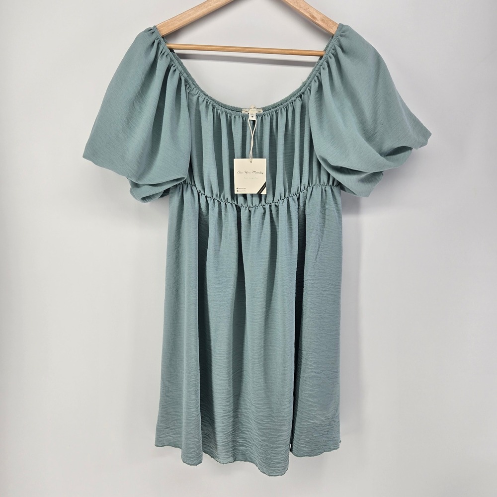 See You Monday Dress Womens M Sage Green Puff Sleeve Babydoll Mini Smocked Boho